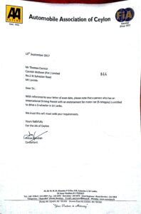 TukTuk Letter from the Automobile Association of Ceylon